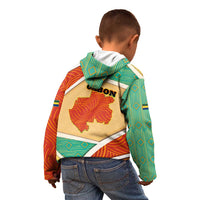 Gabon Kid Hoodie with National Coat of Arms and Tribal Pattern Map Design in Bold Colors