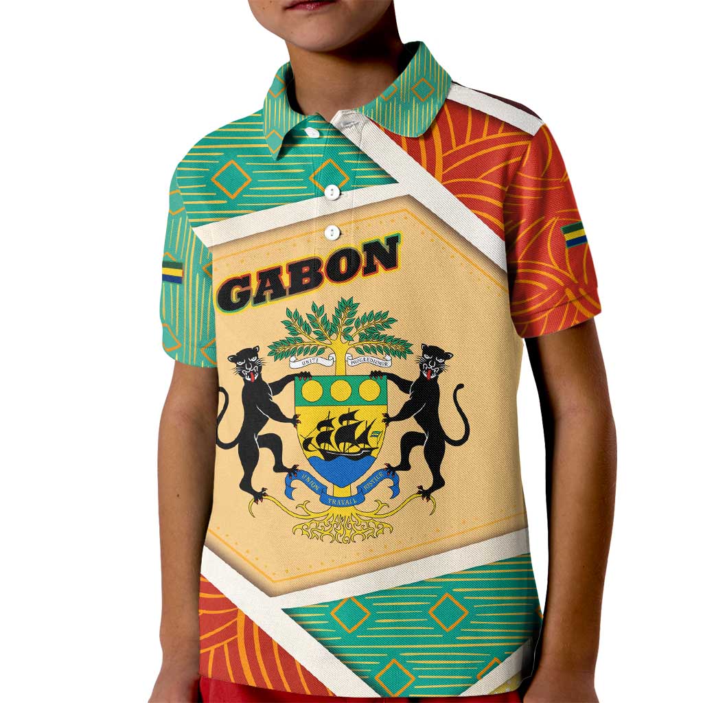 Gabon Kid Polo Shirt with National Coat of Arms and Tribal Pattern Map Design in Bold Colors