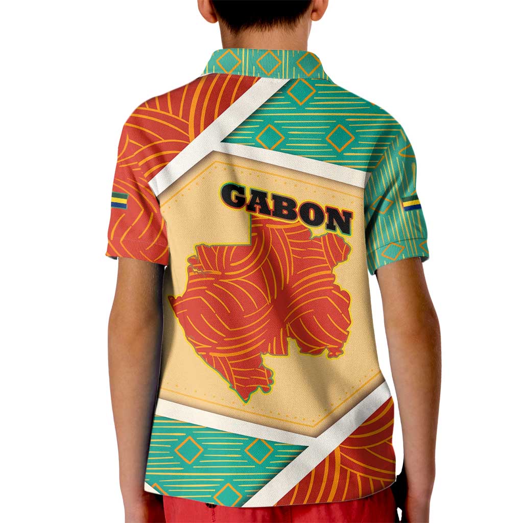 Gabon Kid Polo Shirt with National Coat of Arms and Tribal Pattern Map Design in Bold Colors