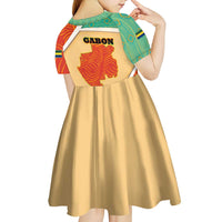 Gabon Kid Short Sleeve Dress with National Coat of Arms and Tribal Pattern Map Design in Bold Colors