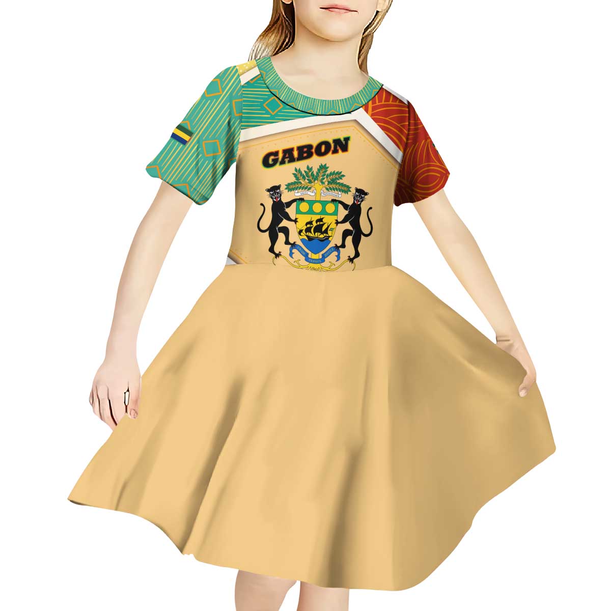 Gabon Kid Short Sleeve Dress with National Coat of Arms and Tribal Pattern Map Design in Bold Colors