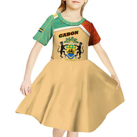 Gabon Kid Short Sleeve Dress with National Coat of Arms and Tribal Pattern Map Design in Bold Colors