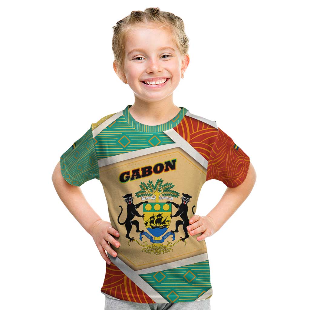 Gabon Kid T Shirt with National Coat of Arms and Tribal Pattern Map Design in Bold Colors