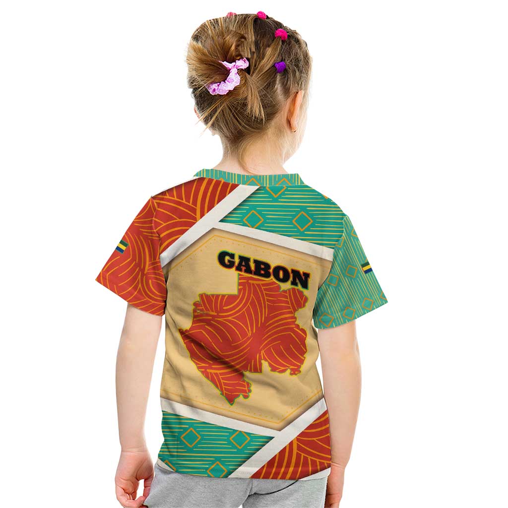 Gabon Kid T Shirt with National Coat of Arms and Tribal Pattern Map Design in Bold Colors