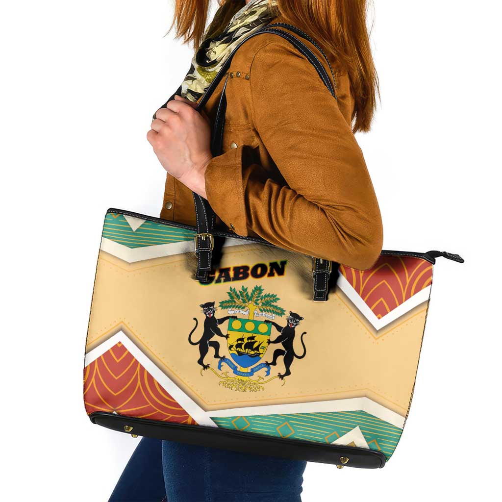 Gabon Leather Tote Bag with National Coat of Arms and Tribal Pattern Map Design in Bold Colors