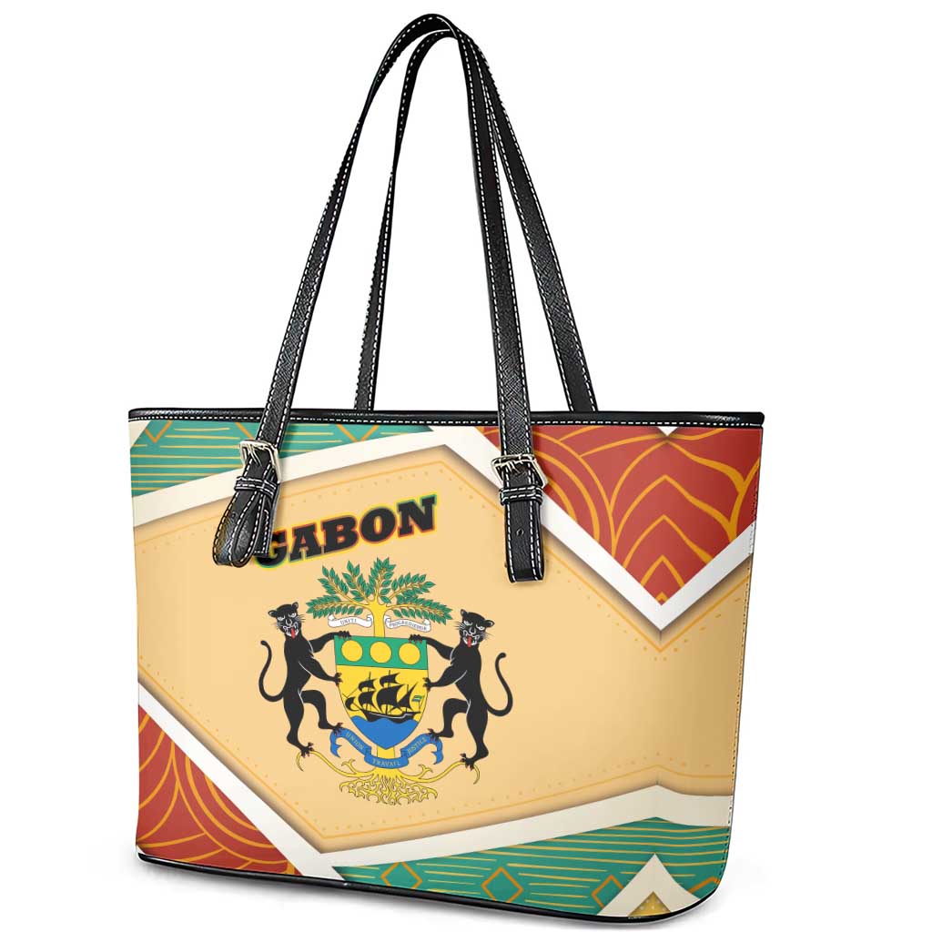 Gabon Leather Tote Bag with National Coat of Arms and Tribal Pattern Map Design in Bold Colors