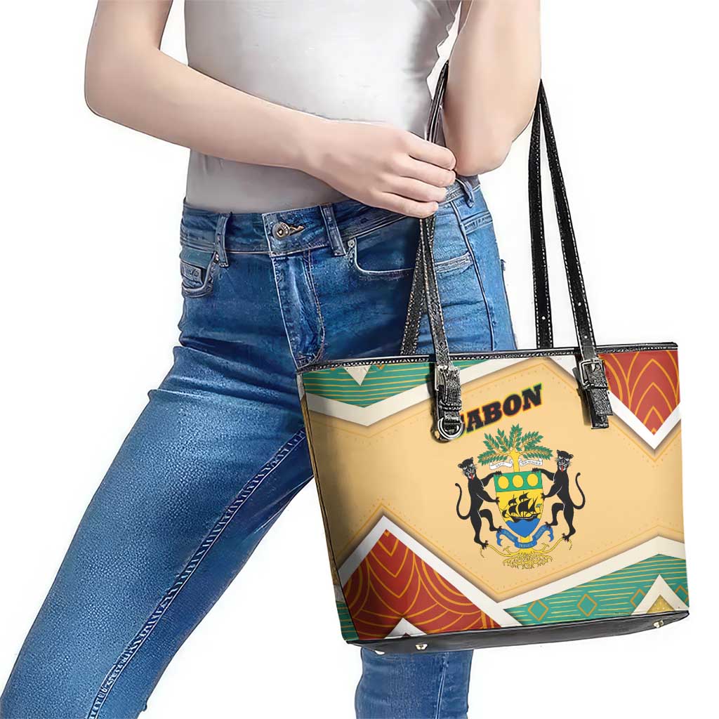 Gabon Leather Tote Bag with National Coat of Arms and Tribal Pattern Map Design in Bold Colors