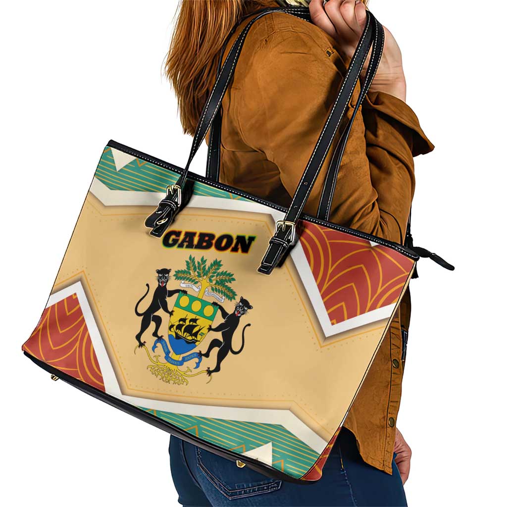 Gabon Leather Tote Bag with National Coat of Arms and Tribal Pattern Map Design in Bold Colors