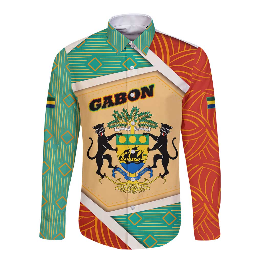Gabon Long Sleeve Button Shirt with National Coat of Arms and Tribal Pattern Map Design in Bold Colors