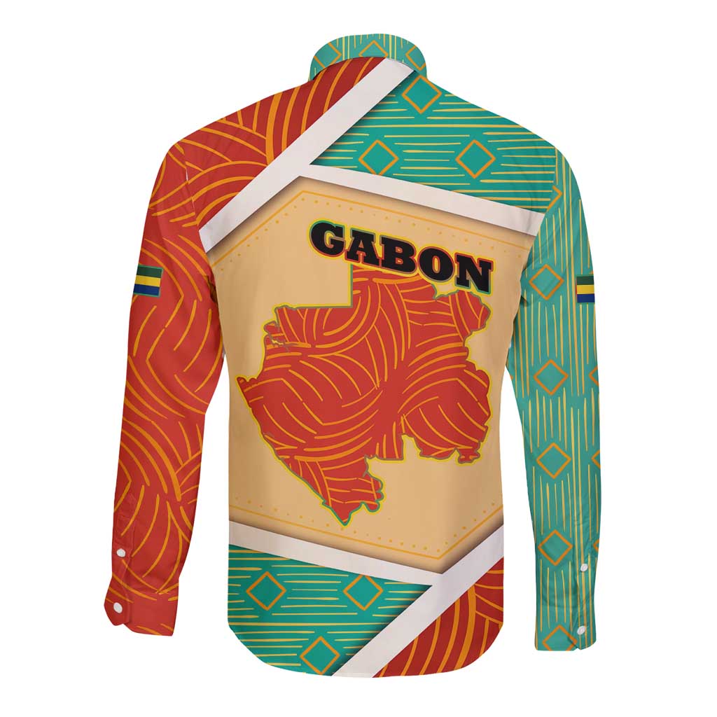 Gabon Long Sleeve Button Shirt with National Coat of Arms and Tribal Pattern Map Design in Bold Colors