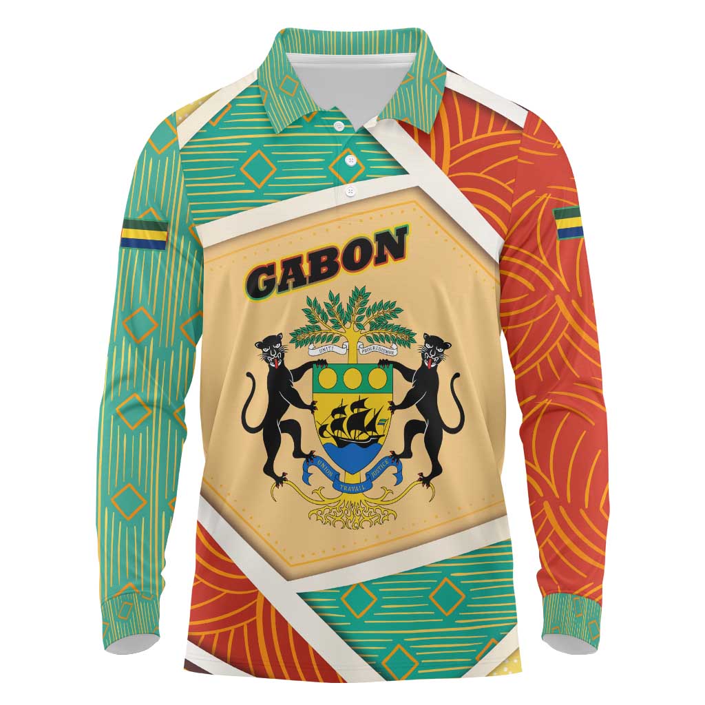 Gabon Long Sleeve Polo Shirt with National Coat of Arms and Tribal Pattern Map Design in Bold Colors