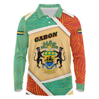 Gabon Long Sleeve Polo Shirt with National Coat of Arms and Tribal Pattern Map Design in Bold Colors