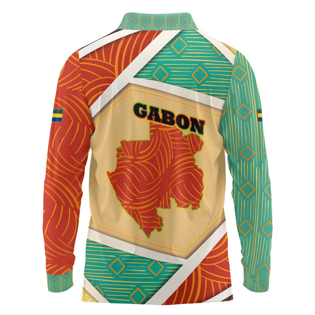 Gabon Long Sleeve Polo Shirt with National Coat of Arms and Tribal Pattern Map Design in Bold Colors