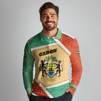 Gabon Long Sleeve Polo Shirt with National Coat of Arms and Tribal Pattern Map Design in Bold Colors