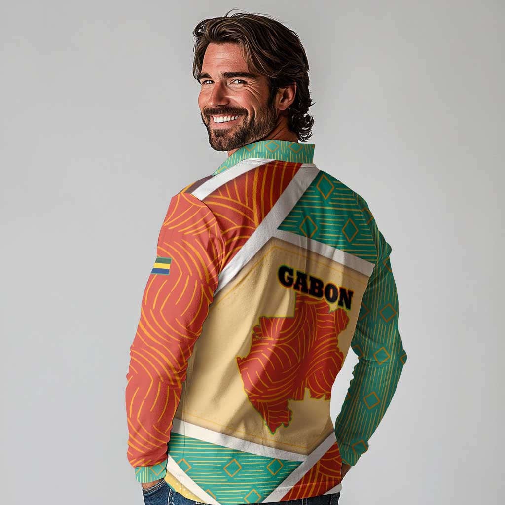 Gabon Long Sleeve Polo Shirt with National Coat of Arms and Tribal Pattern Map Design in Bold Colors
