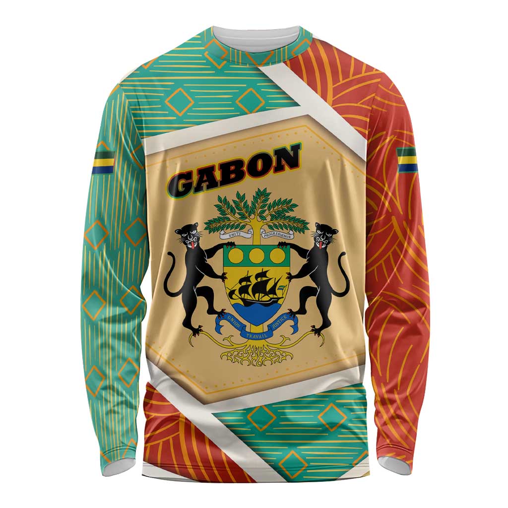 Gabon Long Sleeve Shirt with National Coat of Arms and Tribal Pattern Map Design in Bold Colors