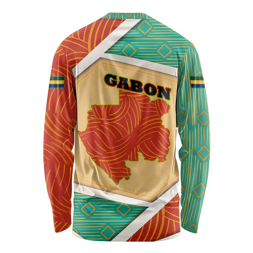 Gabon Long Sleeve Shirt with National Coat of Arms and Tribal Pattern Map Design in Bold Colors