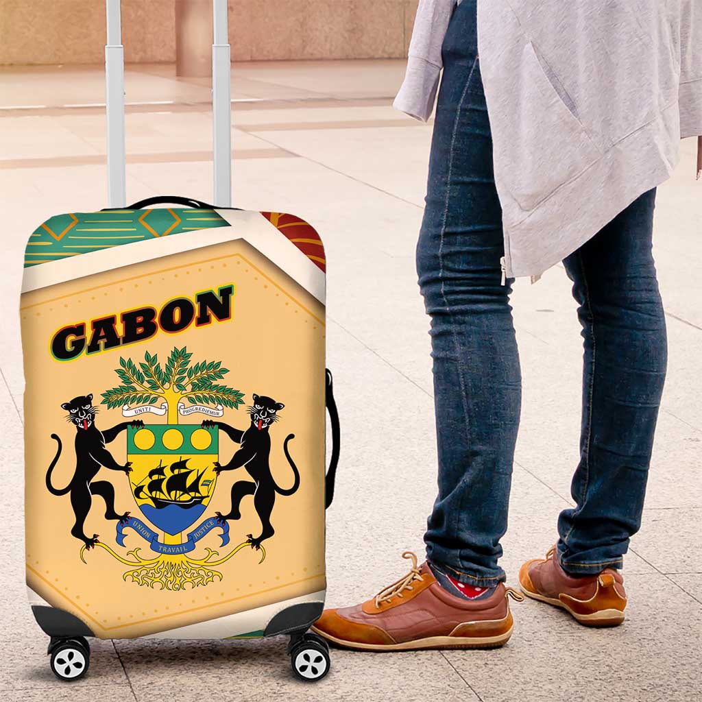 Gabon Luggage Cover with National Coat of Arms and Tribal Pattern Map Design in Bold Colors