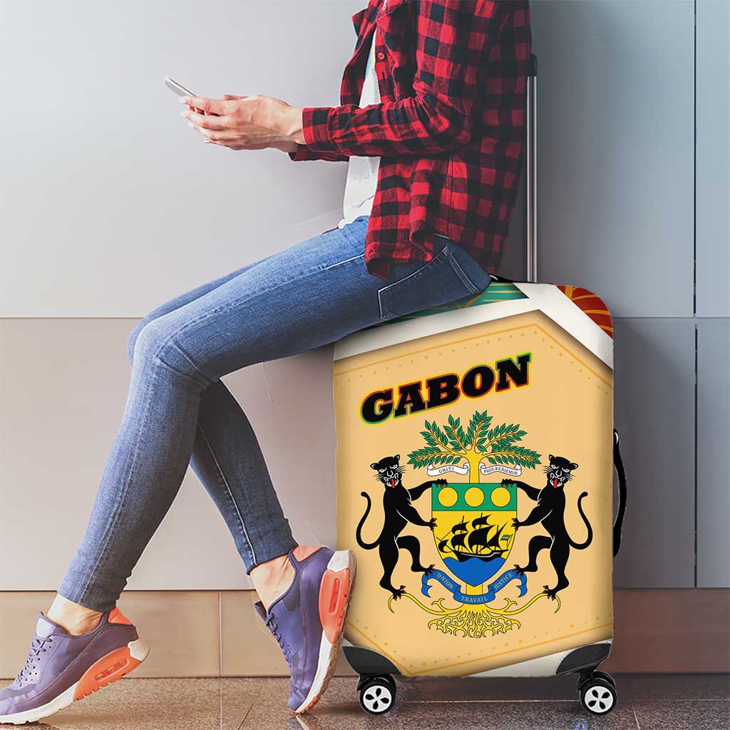 Gabon Luggage Cover with National Coat of Arms and Tribal Pattern Map Design in Bold Colors