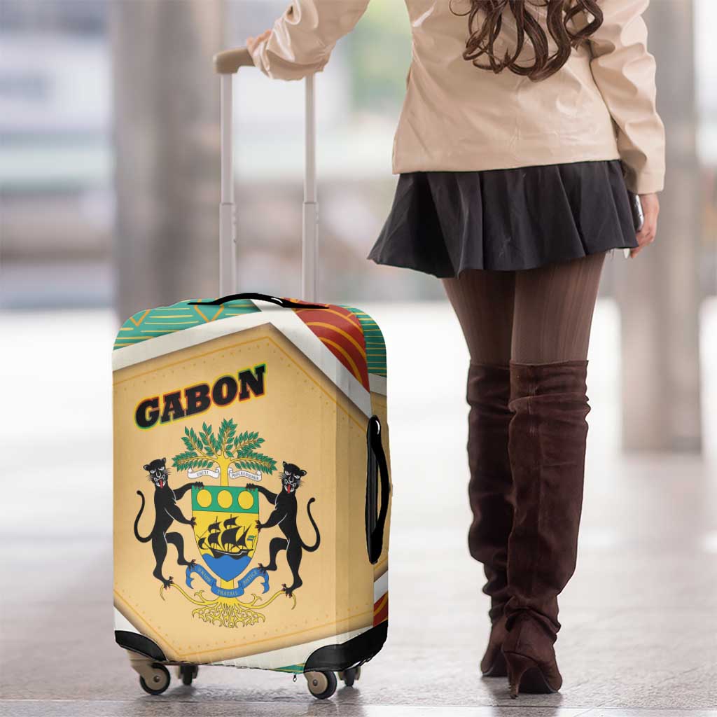 Gabon Luggage Cover with National Coat of Arms and Tribal Pattern Map Design in Bold Colors