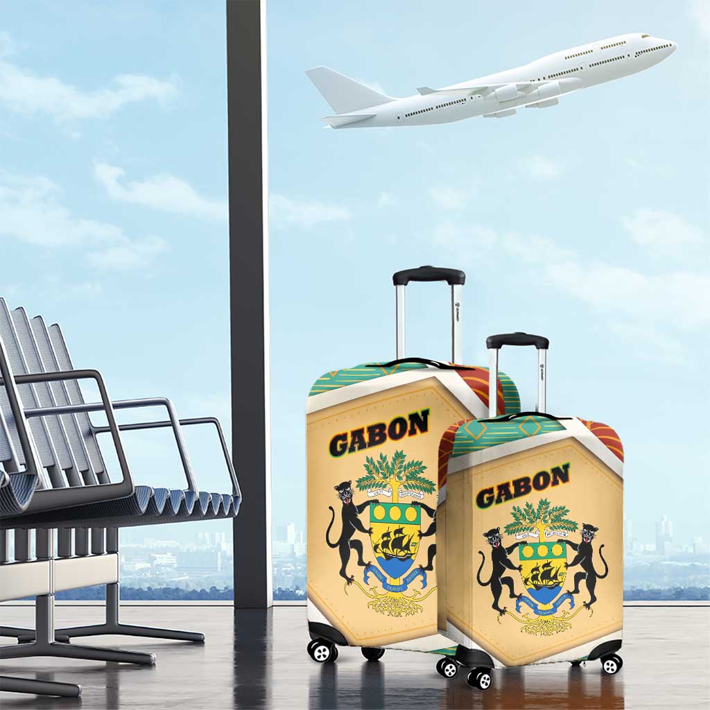 Gabon Luggage Cover with National Coat of Arms and Tribal Pattern Map Design in Bold Colors