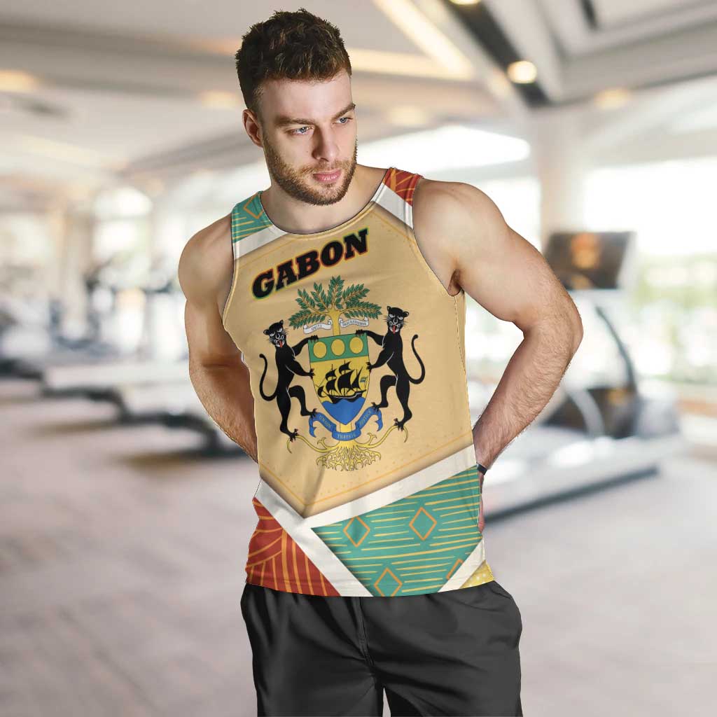 Gabon Men Tank Top with National Coat of Arms and Tribal Pattern Map Design in Bold Colors