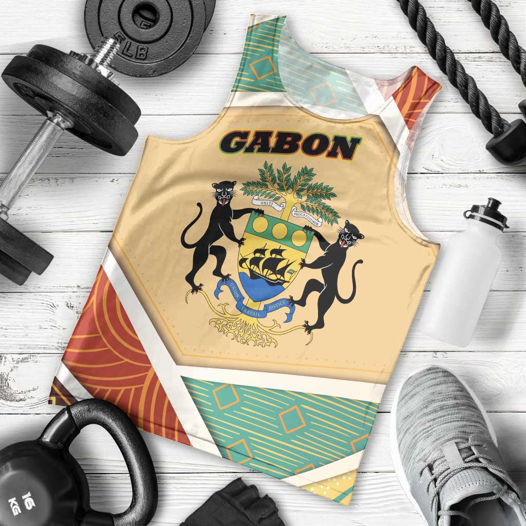 Gabon Men Tank Top with National Coat of Arms and Tribal Pattern Map Design in Bold Colors