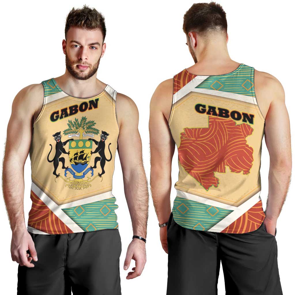 Gabon Men Tank Top with National Coat of Arms and Tribal Pattern Map Design in Bold Colors
