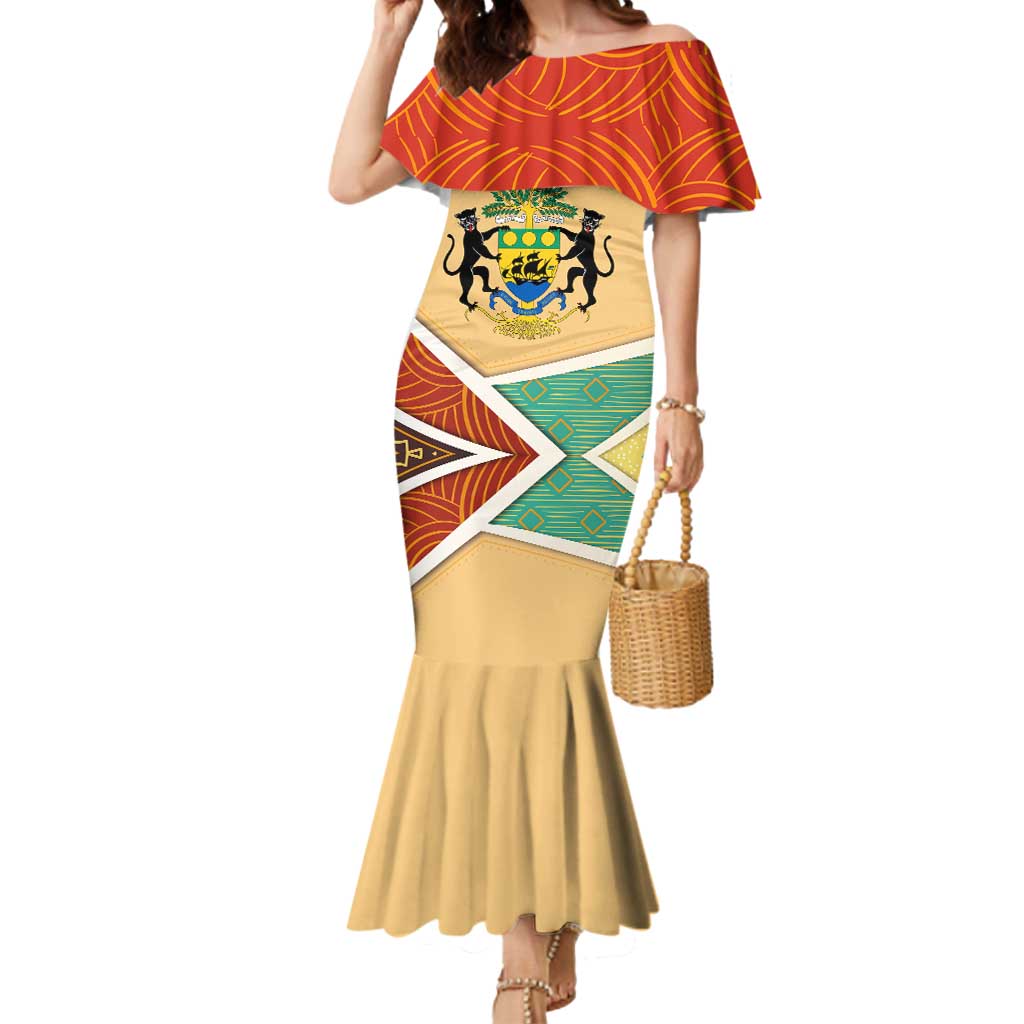 Gabon Mermaid Dress with National Coat of Arms and Tribal Pattern Map Design in Bold Colors