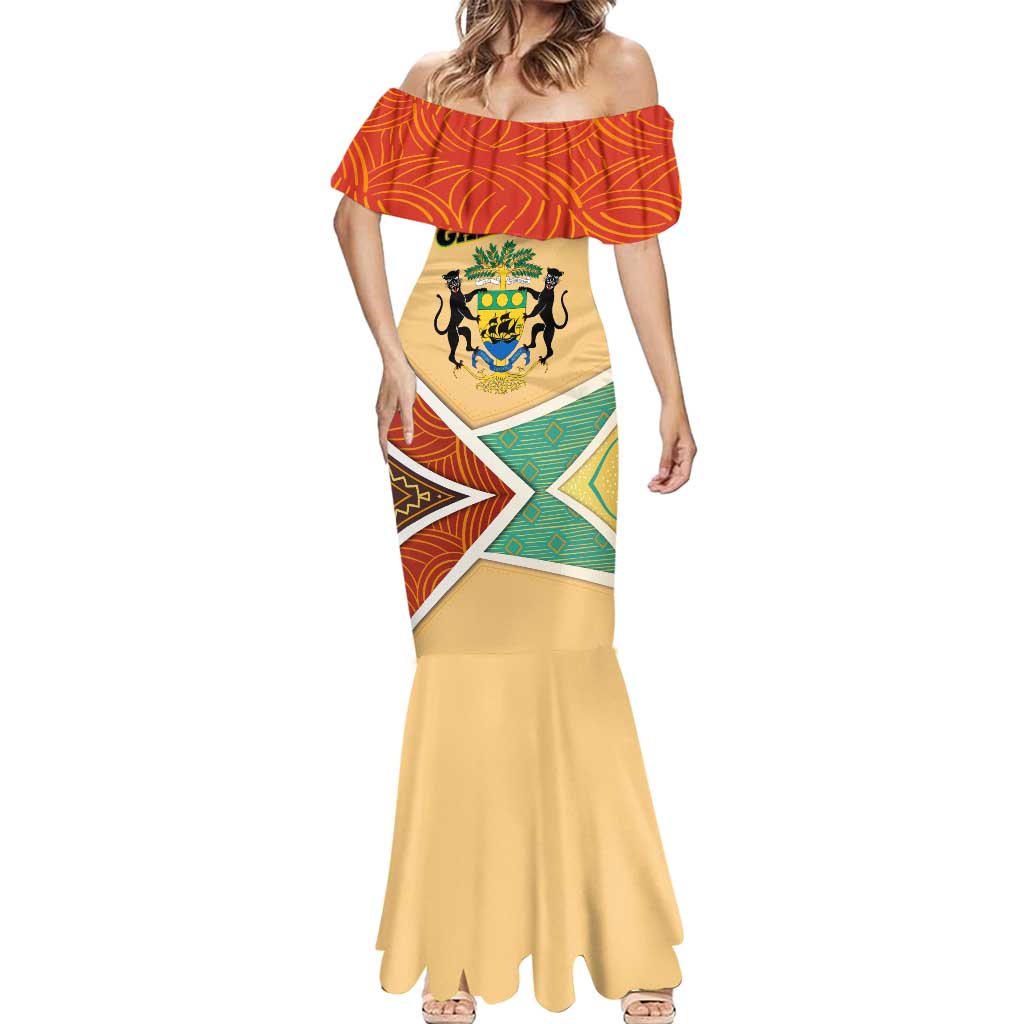Gabon Mermaid Dress with National Coat of Arms and Tribal Pattern Map Design in Bold Colors