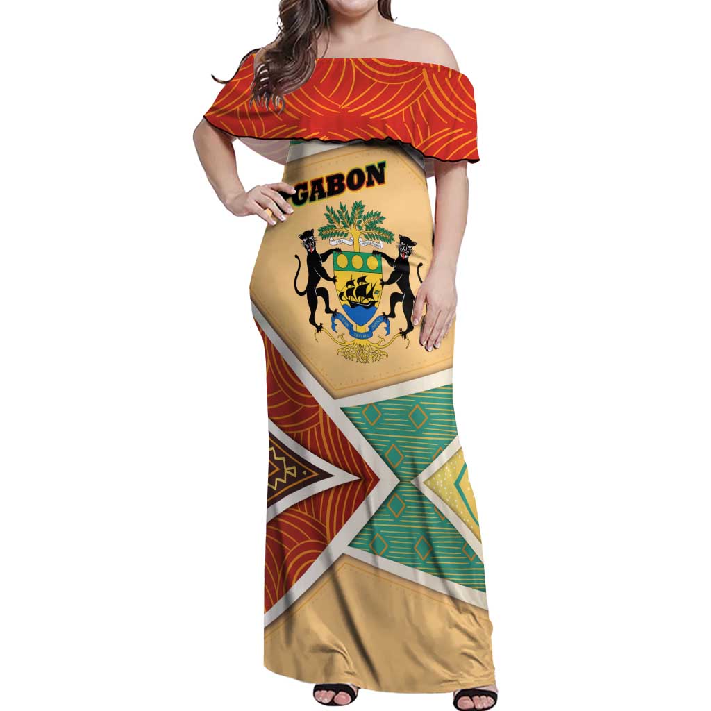 Gabon Off Shoulder Maxi Dress with National Coat of Arms and Tribal Pattern Map Design in Bold Colors