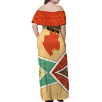 Gabon Off Shoulder Maxi Dress with National Coat of Arms and Tribal Pattern Map Design in Bold Colors