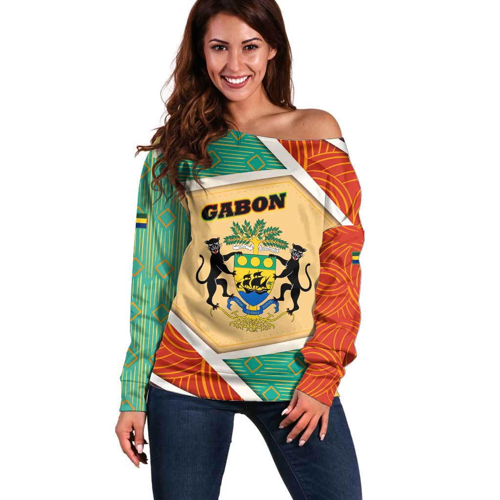 Gabon Off Shoulder Sweater with National Coat of Arms and Tribal Pattern Map Design in Bold Colors