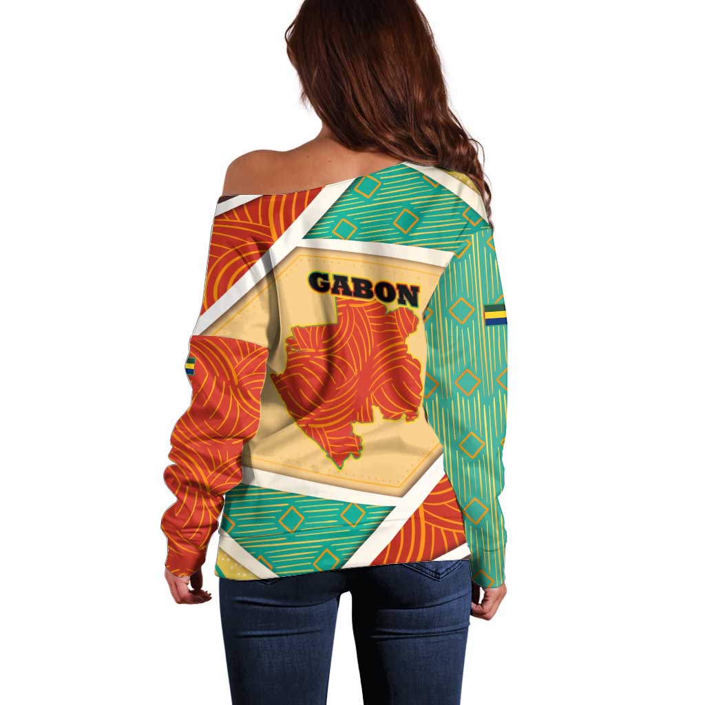 Gabon Off Shoulder Sweater with National Coat of Arms and Tribal Pattern Map Design in Bold Colors