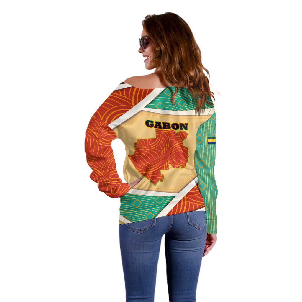 Gabon Off Shoulder Sweater with National Coat of Arms and Tribal Pattern Map Design in Bold Colors