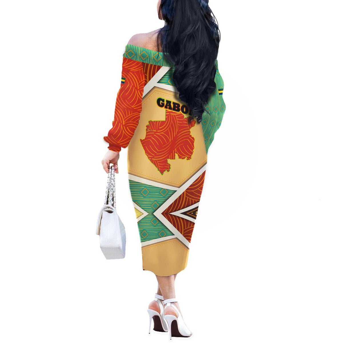 Gabon Off The Shoulder Long Sleeve Dress with National Coat of Arms and Tribal Pattern Map Design in Bold Colors
