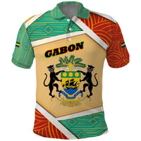 Gabon Polo Shirt with National Coat of Arms and Tribal Pattern Map Design in Bold Colors