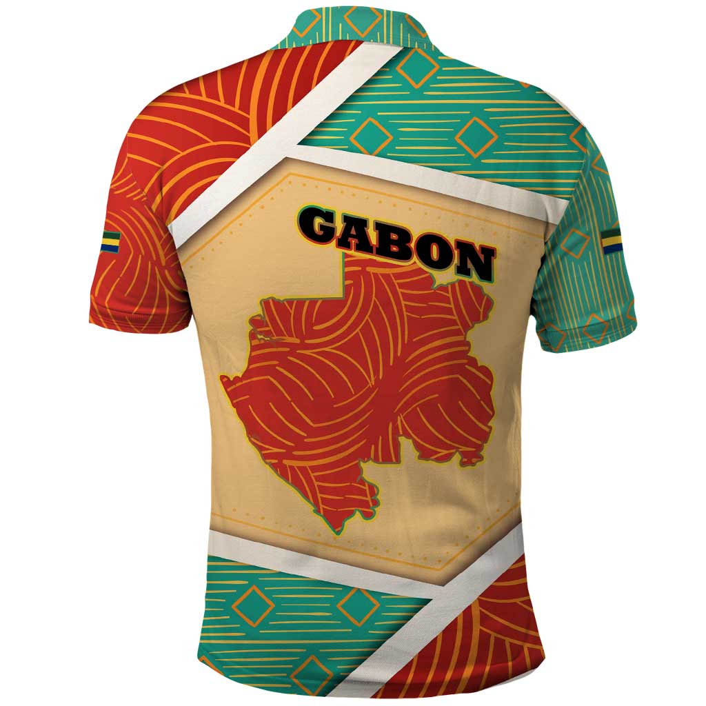 Gabon Polo Shirt with National Coat of Arms and Tribal Pattern Map Design in Bold Colors