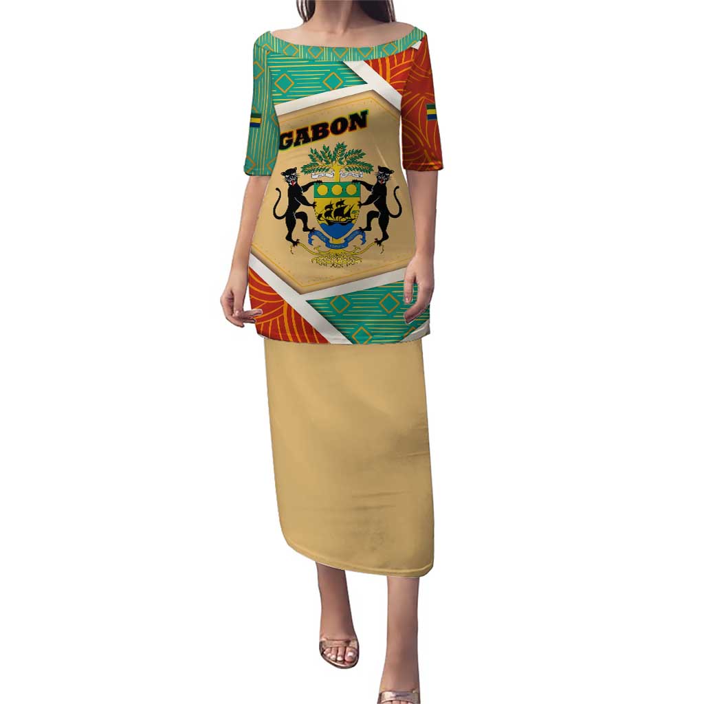 Gabon Puletasi with National Coat of Arms and Tribal Pattern Map Design in Bold Colors