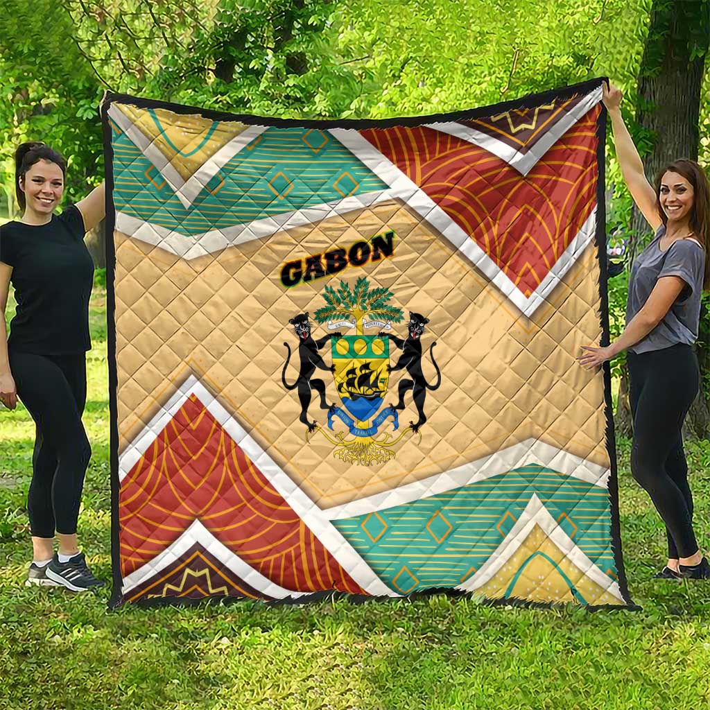 Gabon Quilt with National Coat of Arms and Tribal Pattern Map Design in Bold Colors