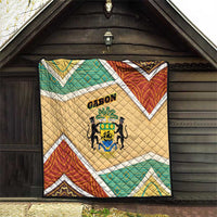 Gabon Quilt with National Coat of Arms and Tribal Pattern Map Design in Bold Colors
