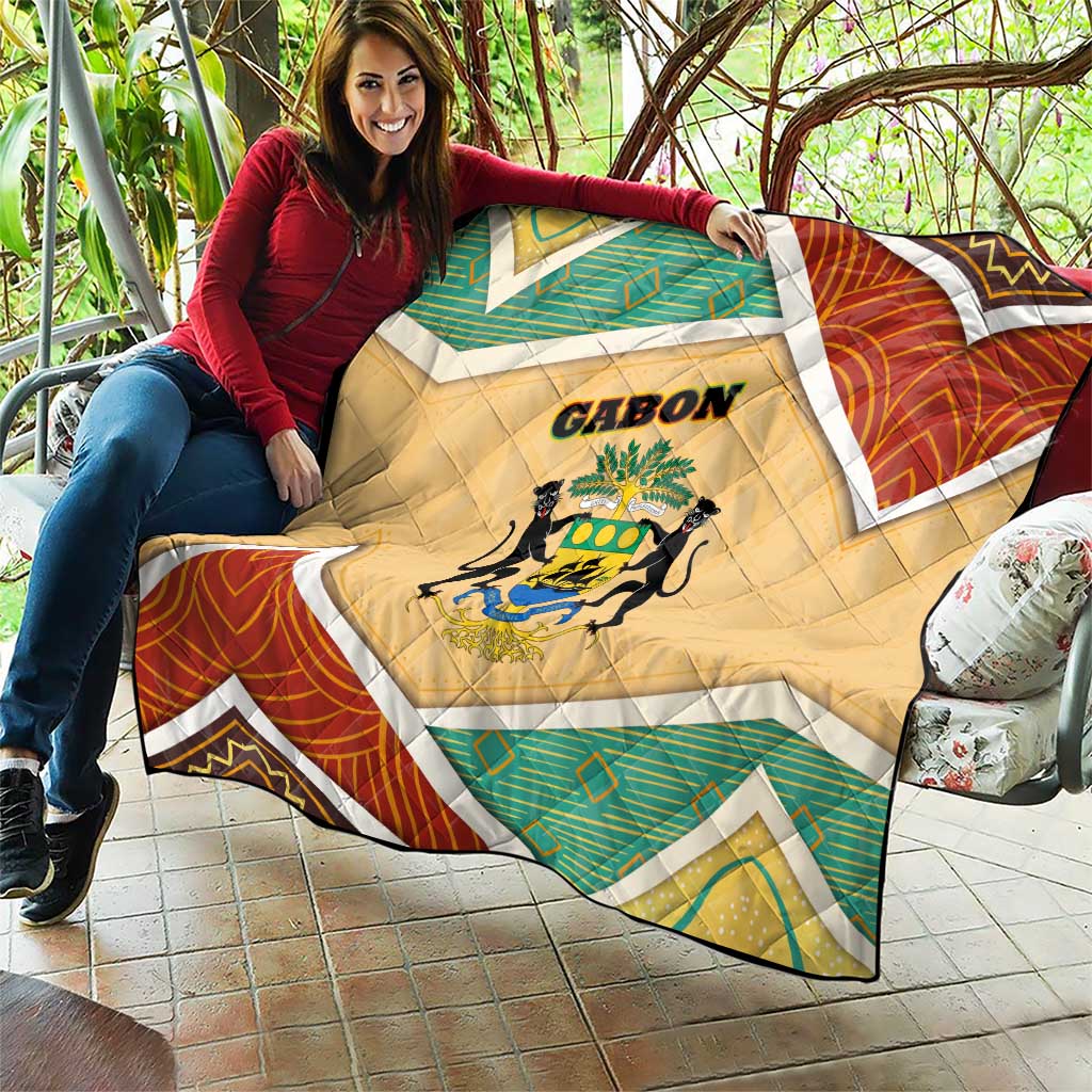 Gabon Quilt with National Coat of Arms and Tribal Pattern Map Design in Bold Colors
