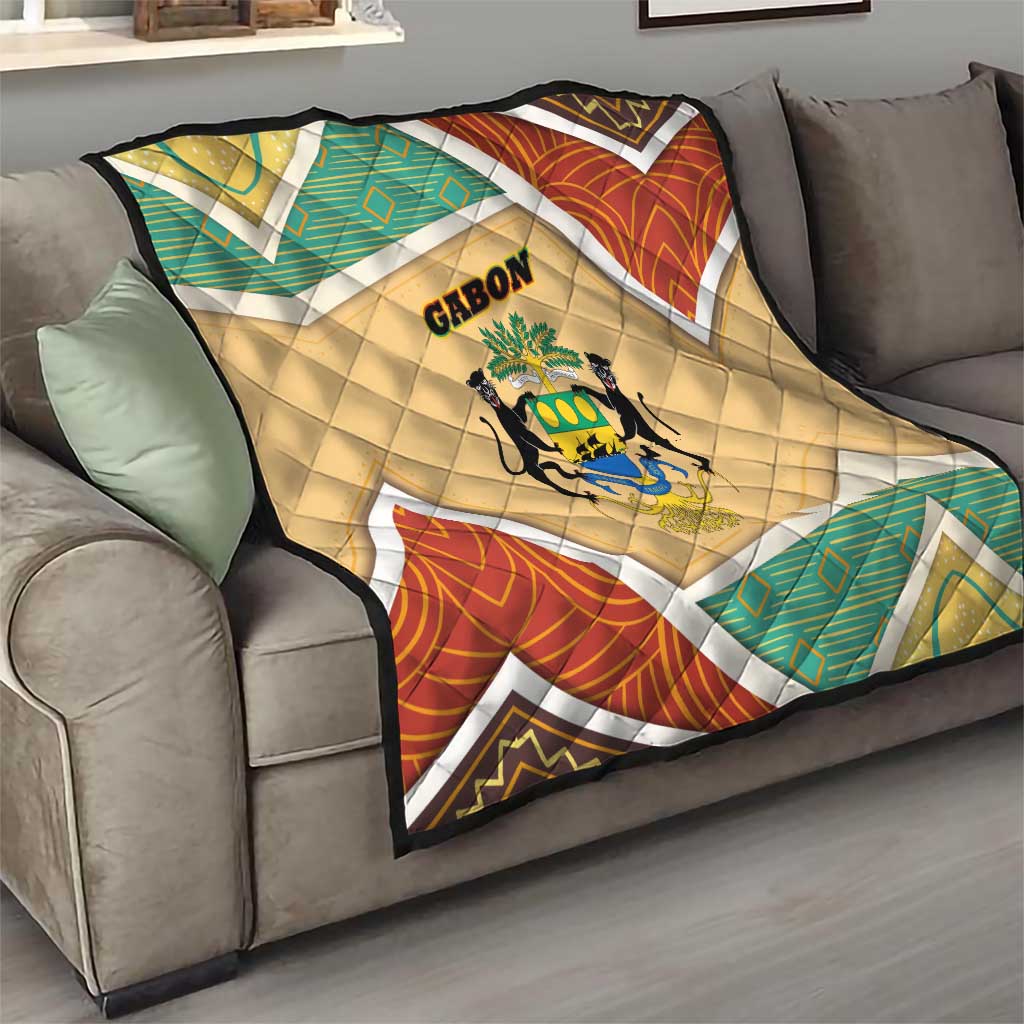 Gabon Quilt with National Coat of Arms and Tribal Pattern Map Design in Bold Colors
