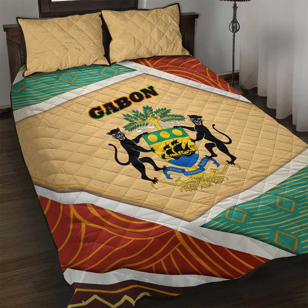 Gabon Quilt Bed Set with National Coat of Arms and Tribal Pattern Map Design in Bold Colors