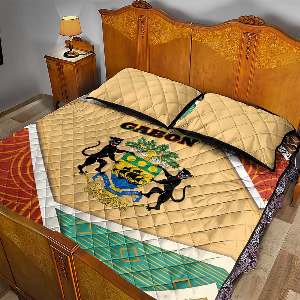 Gabon Quilt Bed Set with National Coat of Arms and Tribal Pattern Map Design in Bold Colors