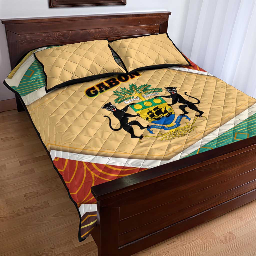 Gabon Quilt Bed Set with National Coat of Arms and Tribal Pattern Map Design in Bold Colors
