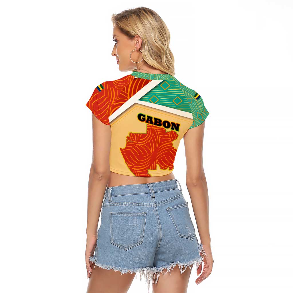 Gabon Raglan Cropped T Shirt with National Coat of Arms and Tribal Pattern Map Design in Bold Colors