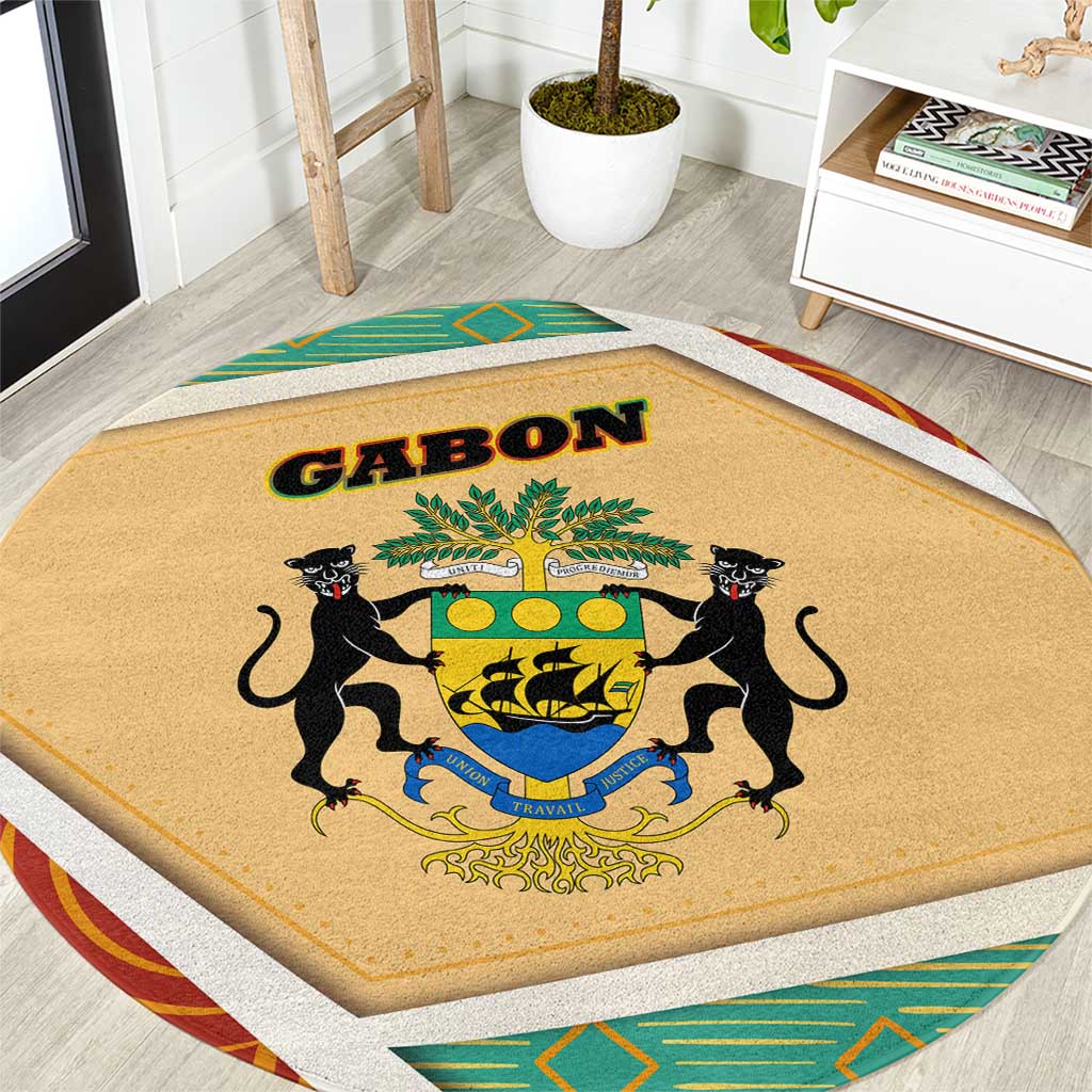 Gabon Round Carpet with National Coat of Arms and Tribal Pattern Map Design in Bold Colors