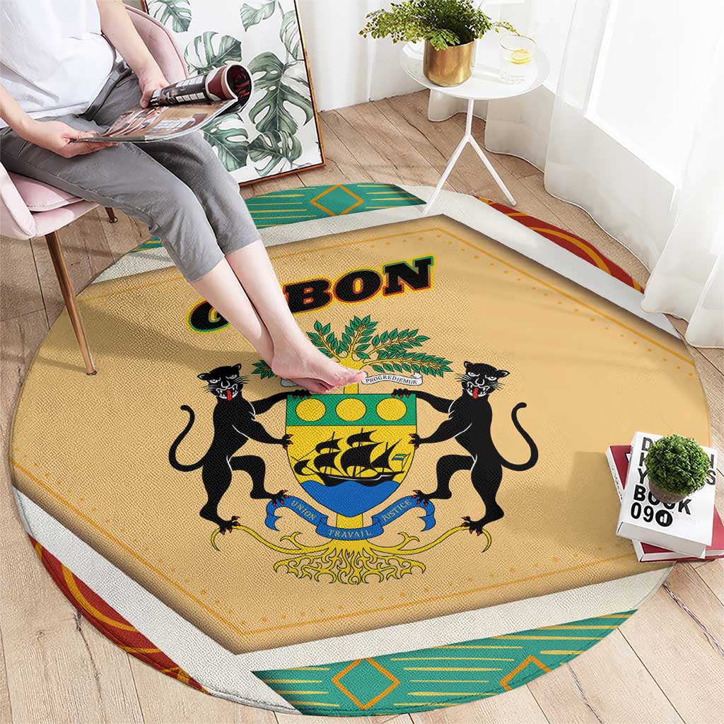 Gabon Round Carpet with National Coat of Arms and Tribal Pattern Map Design in Bold Colors