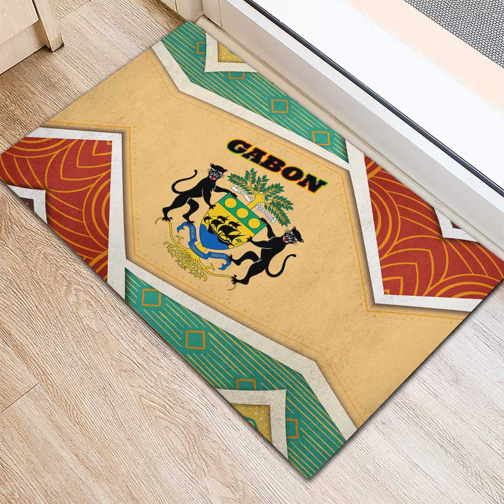 Gabon Rubber Doormat with National Coat of Arms and Tribal Pattern Map Design in Bold Colors